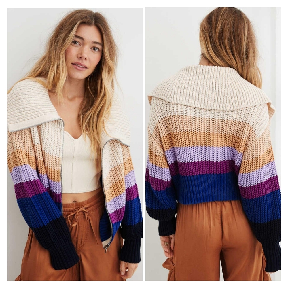 aerie Cropped Striped Knit Cardigan in Cream, Tan, Purple, Blue & Black